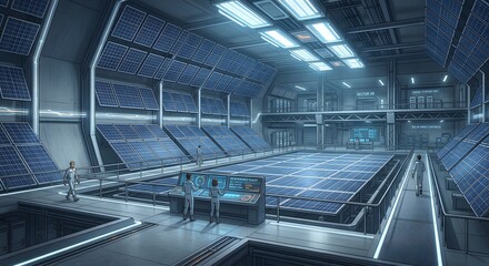 Obraz premium Futuristic industrial interior with rows of solar panels and scientists monitoring energy.