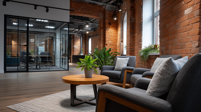 A modern industrial office interior with exposed brick walls, a glass meeting room and a cozy seating corner in a contemporary workspace, no people, industrial office, brick walls, glass meeting