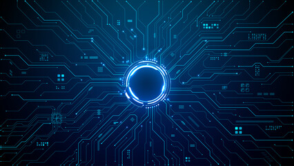Dark blue background with glowing circuit patterns and electric lines creating a futuristic tech portal with neon light effects. Digital technology vector illustration. © AntonKhrupinArt