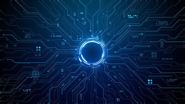 Dark blue background with glowing circuit patterns and electric lines creating a futuristic tech portal with neon light effects. Digital technology vector illustration.