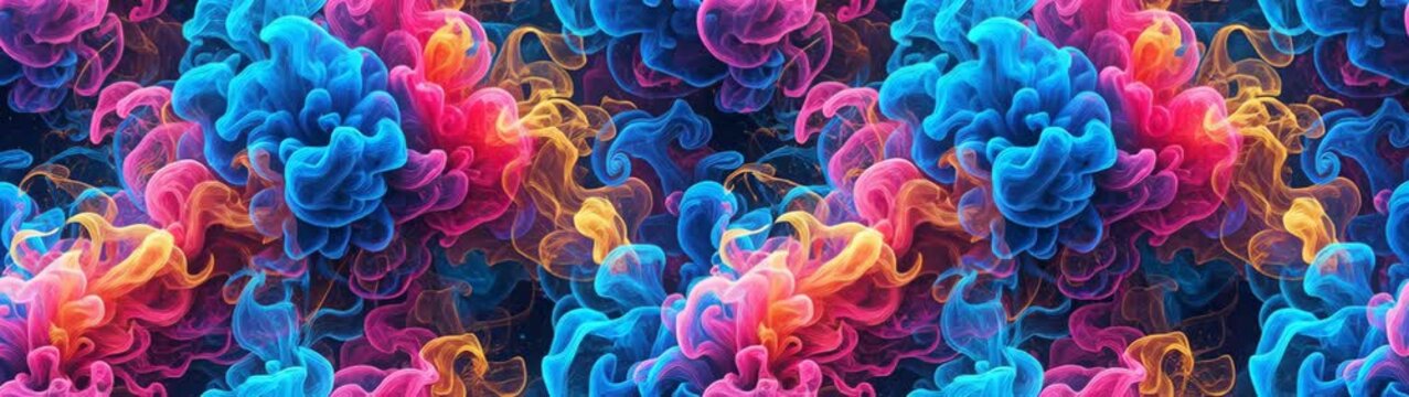 Colorful smoke clouds expanding in a seamless pattern on a dark background, creating an intriguing universe nebula effect.