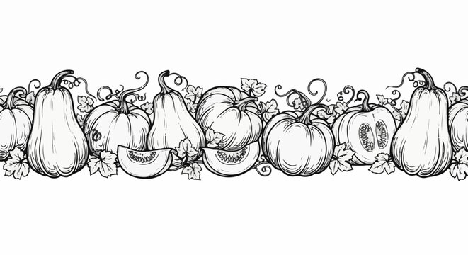 Black and white line art border of various squash and leaves