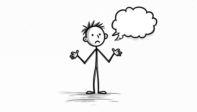 Stick figure shrugs with empty speech bubble. Person shows confusion or doubt with raised arms and uncertain facial expression. Simple line art concept.