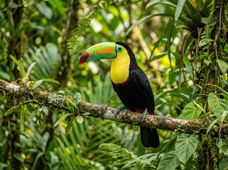 Fototapeta premium Toucan perched on branch with large colorful beak in jungle