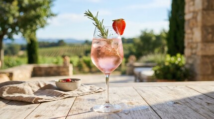 Naklejka premium Pink Gin Tonic Cocktail with Rosemary and Strawberry on a Wooden Table in a Vineyard.