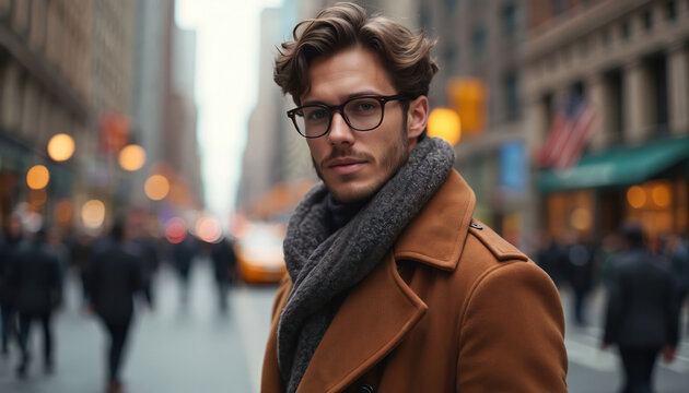 Man with glasses and scarf in a brown coat walks on city street. Buildings and people blurred in background. Busy urban setting with cars and lights.