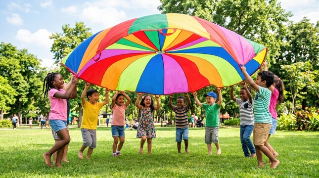 Children playing with colorful parachutes in a group outdoor activity at a park.