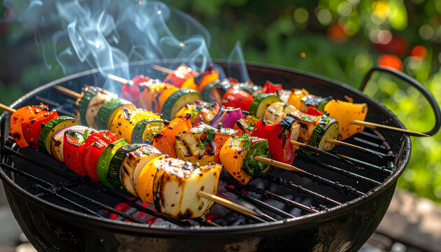 Colorful vegetable skewers grilling with smoke rising vibrant healthy BBQ food outdoor cooking