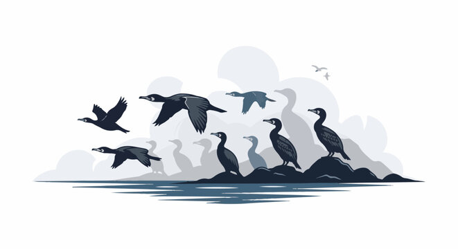 Flock of cormorants in flight and perched near water with misty background