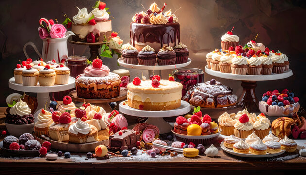 Dessert table full of sweets overload colorful indulgent treats festive sugar rich display