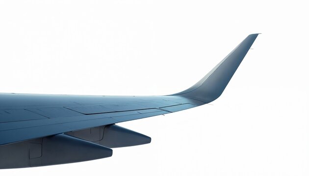 Airplane wing tip seen from above against clear white sky. Aircraft part shows aerodynamic design and construction detail. Jetliner fly high above clouds during daylight.