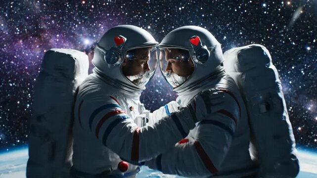 Two Astronauts in Spacesuits Facing Each Other with Red Hearts on Helmets Floating in Space Above Earth