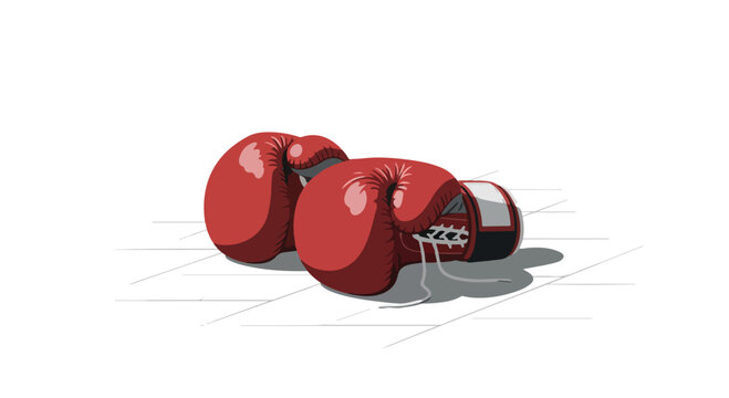 Three red boxing gloves lying on a white tiled floor with shadows, captured in a still life composition with a focus on sports equipment.