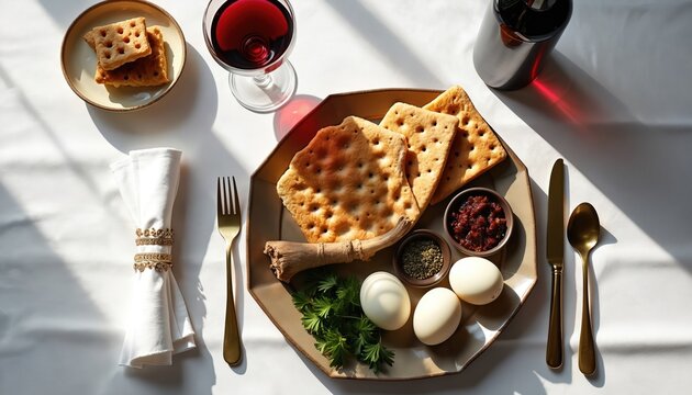 Passover Seder plate with matzah, red wine, and symbolic foods. Traditional Jewish holiday meal setup. Eggs, herbs, and charoset served with unleavened bread. Festive dinner arrangement.