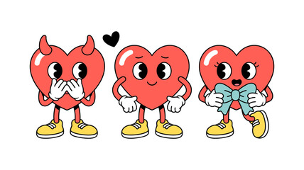 Fototapeta premium Retro cartoon heart characters with devil horns and shy expressions in vintage rubber hose animation style for valentines day greeting cards and social media graphics