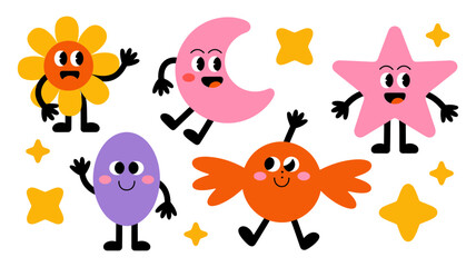 Obraz premium Whimsical collection of cartoon shape characters with expressive faces and playful limbs surrounded by stars