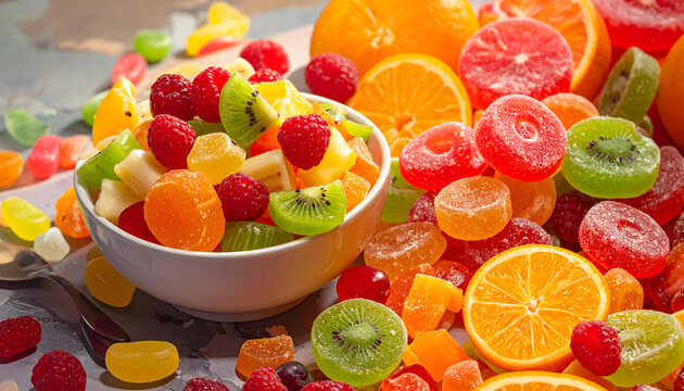 Fruit bowl versus candy pile healthy choice concept fresh nutrition against sugary snacks