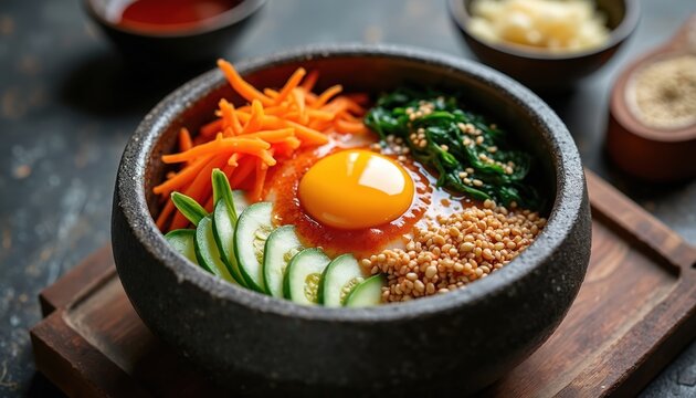 Korean bibimbap served in hot stone bowl with raw egg yolk, fresh vegetables, spinach, carrots, cucumber slices, rice, and spicy sauce. Healthy meal, delicious asian cuisine.