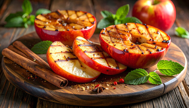 Grilled apple slices with cinnamon rustic food scene warm dessert concept sweet autumn flavor