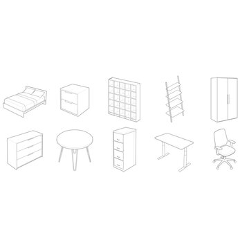 Isometric 10 piece live work ffe bundle and open back grid shelving linear drawing
