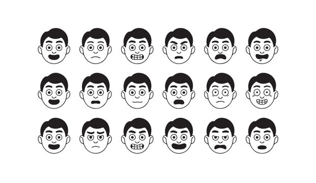 Collection of cartoon male character face icons showing different facial expressions set.