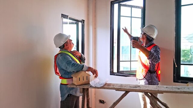 Two construction workers in hard hats and safety vests review plans inside a building under renovation, standing by scaffolding near a window frame during an on-site inspection.