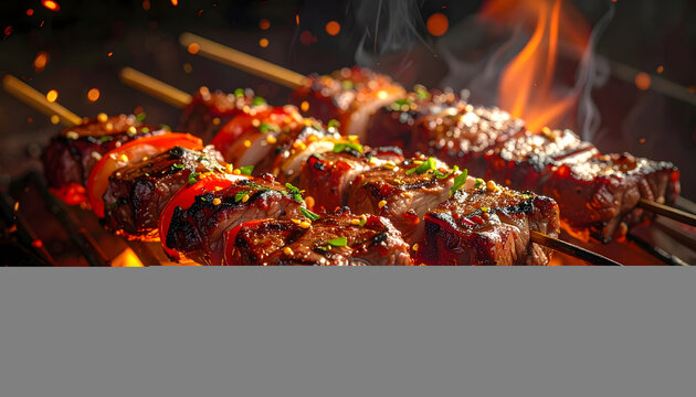Grilled beef skewers on fire grill with dramatic lighting smoky BBQ meat cooking scene