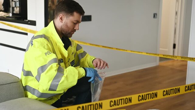 Forensic investigator in a police jacket analyzes evidence at a crime scene, with caution tape marking the area around a covered body on the floor