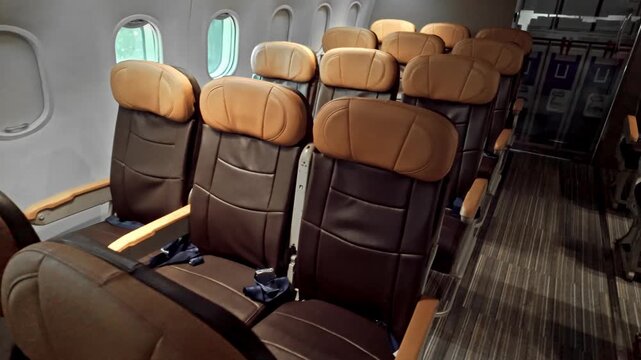 Row of brown leather airline seats in an airplane cabin, economy class, with windows and an aisle leading toward the galley.