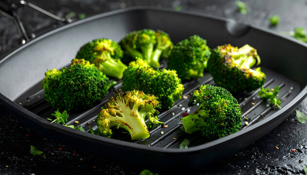 Grilled broccoli on grill pan healthy diet concept fresh green vegetable clean cooking scene