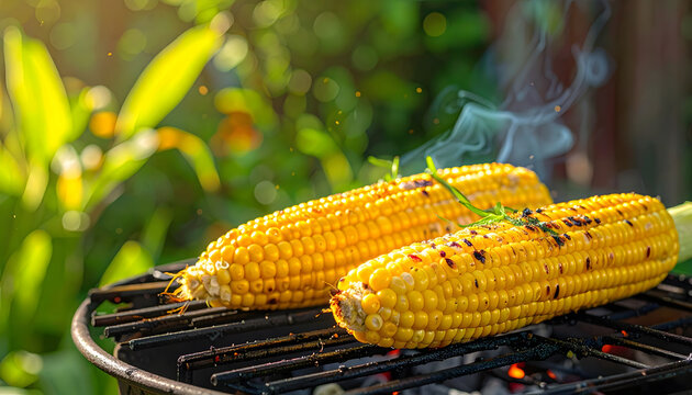 Grilled corn cooking on charcoal grill summer outdoor BBQ scene smoky flavor fresh food