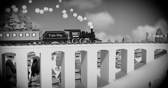 Train, mountains and trees. Summer holiday. Time to travel. 3d render illustration.