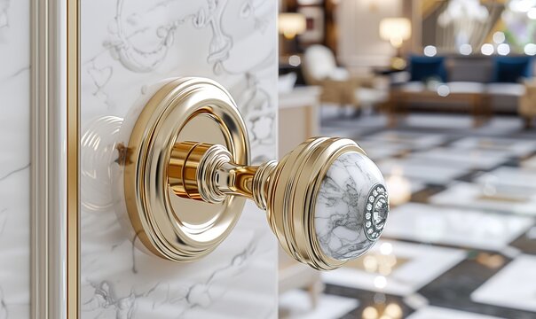 A luxurious gold door handle with a marble design in a modern interior