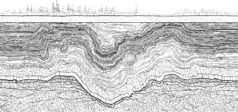 Cross section of folded rock strata with trees and ground surface above geology layers