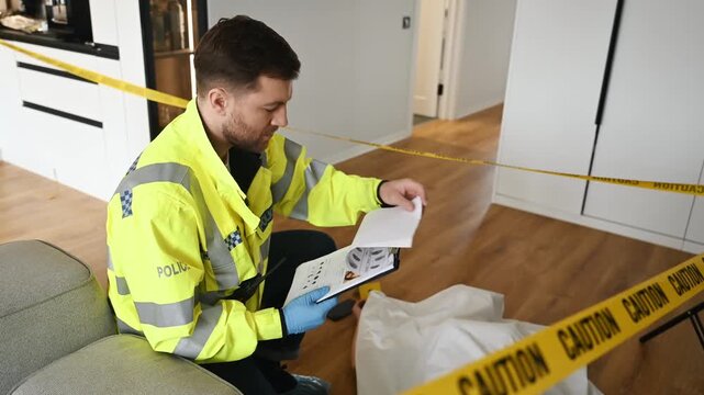 Forensic investigator in a yellow jacket analyzes evidence at a crime scene, featuring a covered body and caution tape in a bright indoor environment