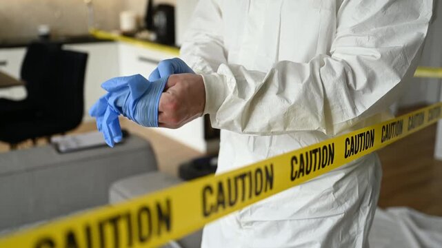 Forensic professional prepares for investigation at a crime scene, surrounded by caution tape and a contemporary kitchen setting in the background