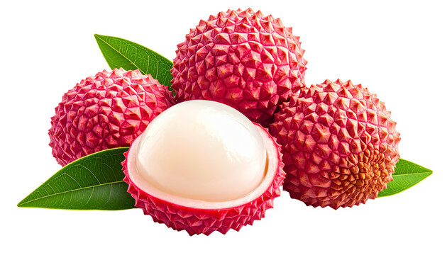 Fresh lychee fruit with green leaf isolated on solid white background2
