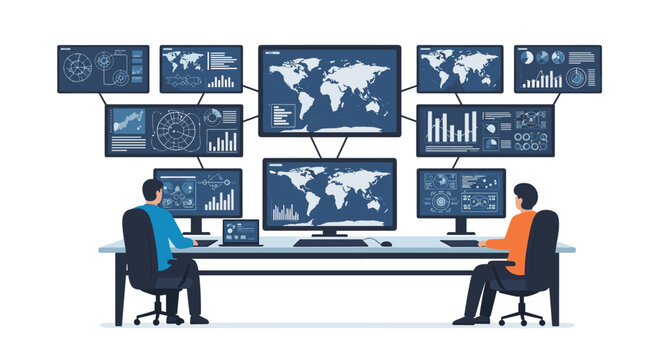 Two professional operators sit at a long white desk while monitoring a massive array of digital screens displaying global maps and data analytics tools.