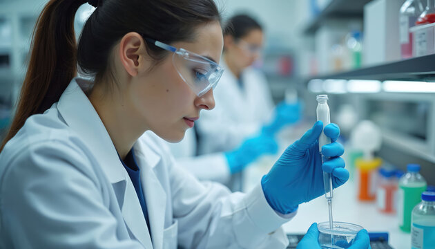 Scientist works in lab with pipette and vial. Researcher mixes liquid in beaker. Woman in goggles and lab coat does experiment. Science research, medical study, health care.