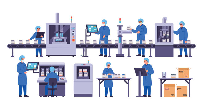 Several workers wearing blue protective uniforms and hairnets operate advanced automated machinery and conveyor belts in a pharmaceutical factory setting.