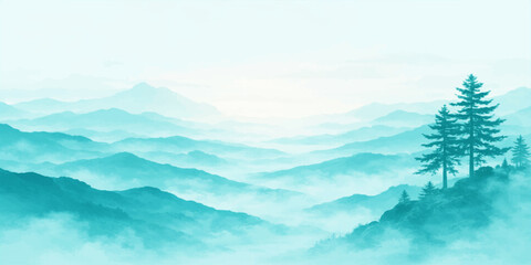Blue mountain landscape: misty forest hills foggy valley lone tree sky serene nature scenic background © Nur