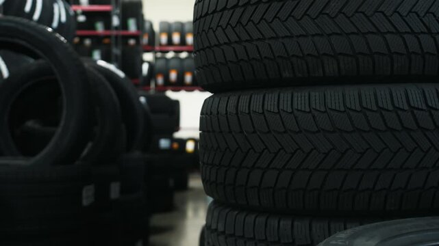 Stack of black rubber tires displayed in an automotive shop with shelves of additional tires in the background under bright overhead lighting