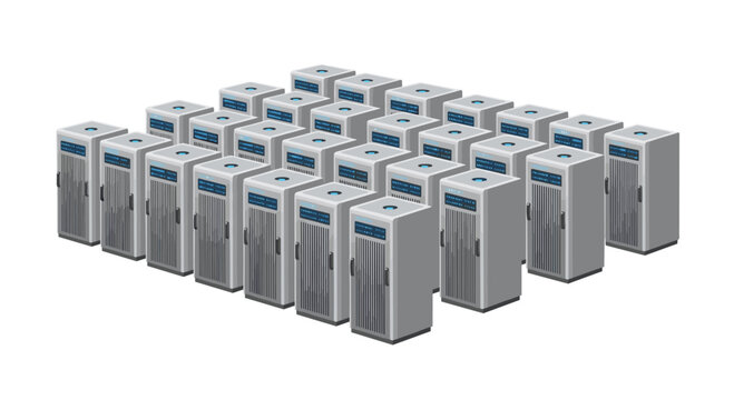 A vast array of sleek silver server towers is meticulously arranged in a repeating isometric grid pattern to illustrate a massive data storage facility.