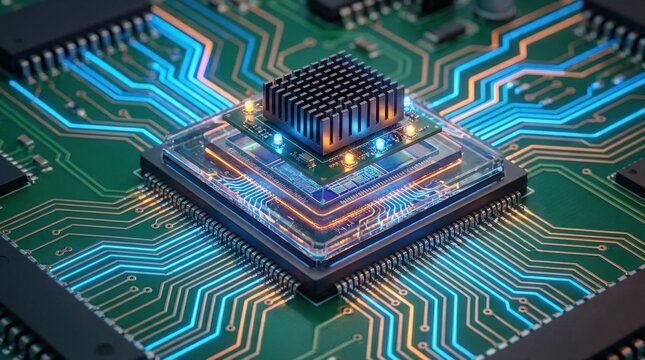 Close-up of a computer microchip on a circuit board, advanced processor technology concept, electronic hardware detail, sharp macro focus, glowing accents, no logos