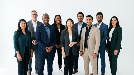 Fototapeta premium Ethnically diverse successful business team on a white background, professional corporate group portrait with confident expressions, clean studio lighting, realistic detail, no logos