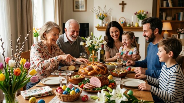 A family gathers around a festive Easter table with bread and traditional dishes, warm home light, seasonal d&eacute;cor and heartfelt togetherness expressing joyful Christian celebration, ultra-realistic,