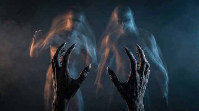 Terrifying clawed hands with motion-blurred light rising like zombie silhouettes, eerie Halloween menace, long nails and chilling horror atmosphere against a dark backdrop, ultra-realistic, no logos.