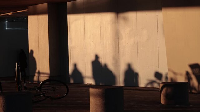 Stockholm, Sweden Shadows of people in the early morning play on a wall in the Slussen district. 