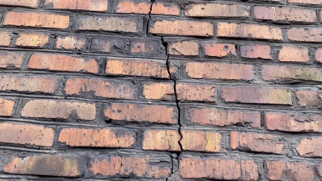Camera moves upward along a long crack on a brick wall. Concept of structural damage, building defect, foundation problems and need for repair or inspection. 4K video.