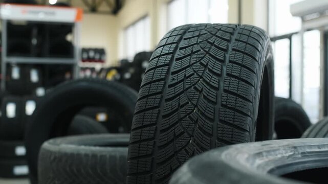 Black rubber tires are stacked in an automotive shop, with additional tires visible on shelves in the background under bright lighting
